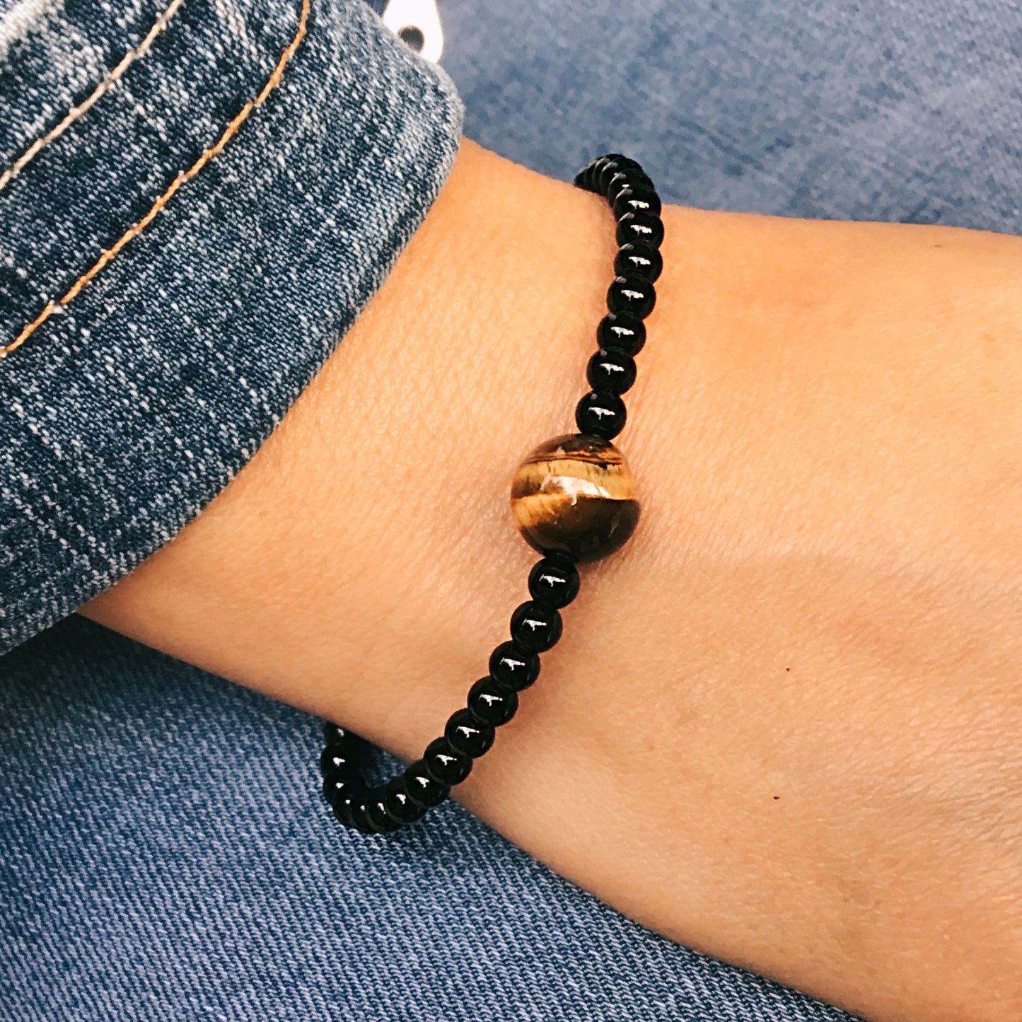 Pulsera ojo de tigre con obsidiana negra bolas 4mm y macramé
