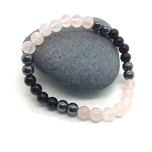 Pulsera cuarzo rosa con obsidiana negra y hematite bolas 6mm