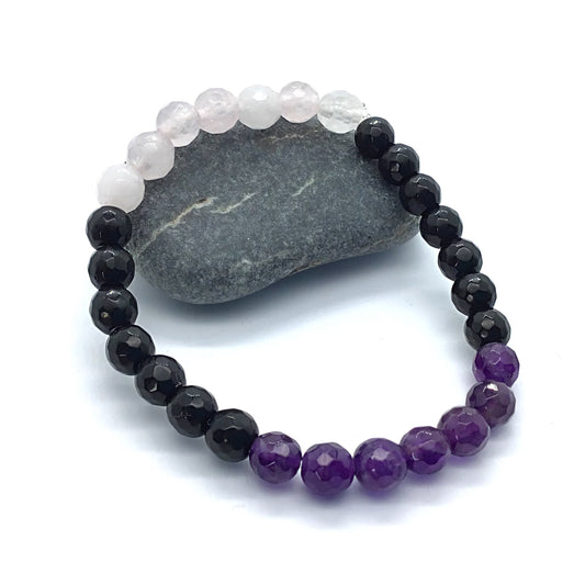 Pulsera facetada amatista, cuarzo rosa y obsidiana bolas 6mm