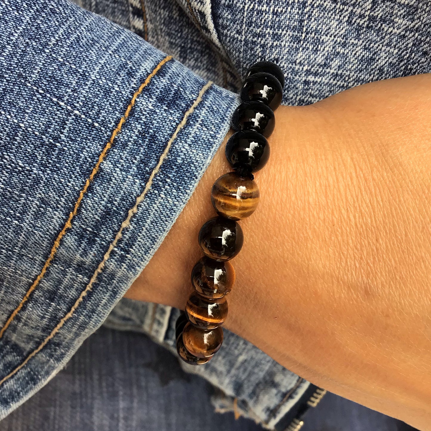 Pulsera ojo de tigre con obsidiana negra bolas 6mm